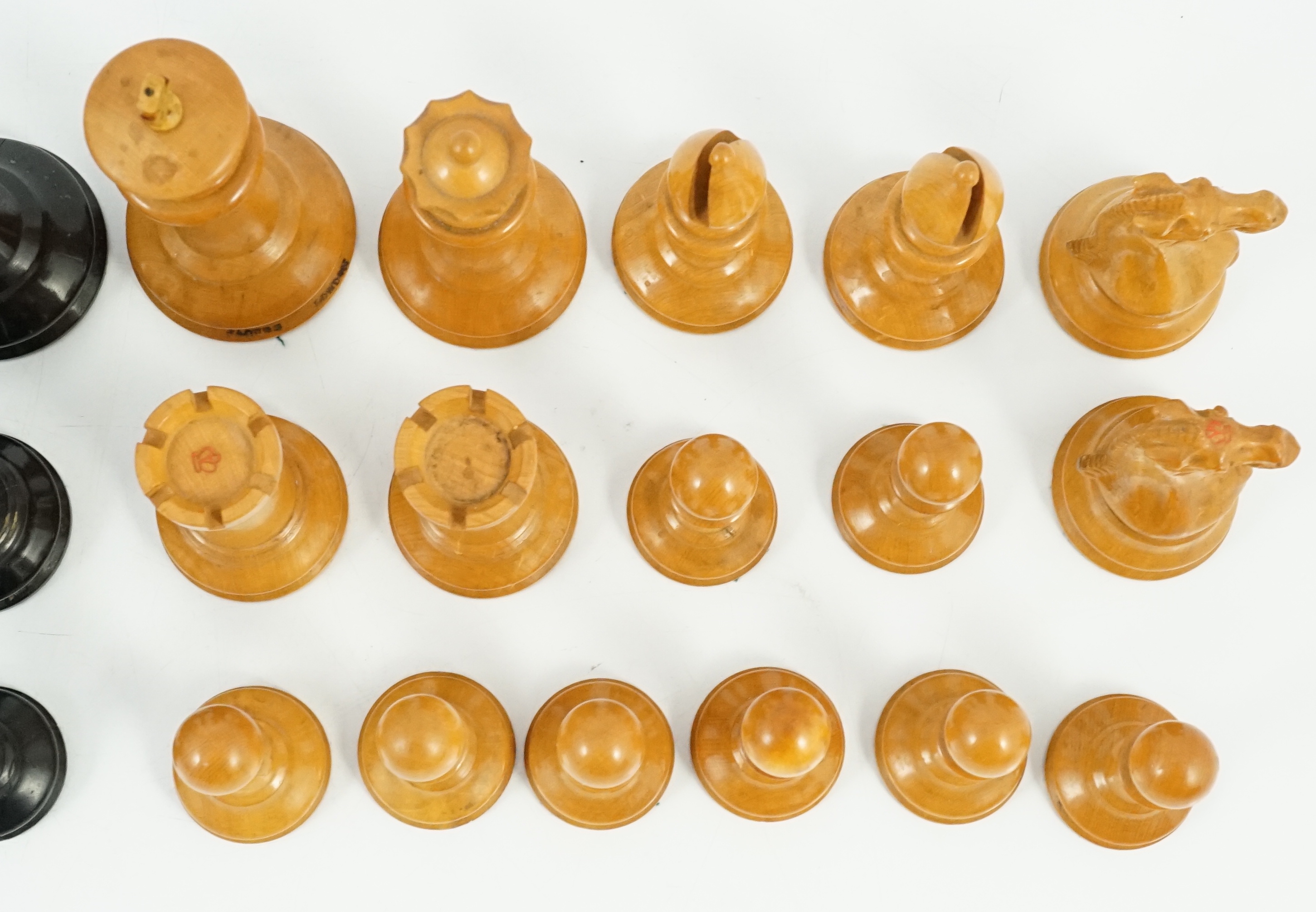 An early Jaques Staunton pattern lead weighted boxwood and ebony chess set, c.1850, Kings 10cm (4in.)